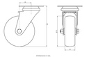 100SS series 75mm stainless steel swivel top plate 60x60mm castor with electrically conductive grey TPR-rubber on polypropylene centre plain bearing wheel 50kg - Castor dimensions
