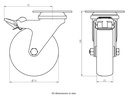 100SS series 75mm stainless steel swivel/brake top plate 60x60mm castor with electrically conductive grey TPR-rubber on polypropylene centre plain bearing wheel 50kg - Castor dimensions