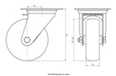 300SS series 100mm stainless steel swivel top plate 100x85mm castor with electrically conductive grey TPR-rubber on polypropylene centre plain bearing wheel 70kg - Castor dimensions