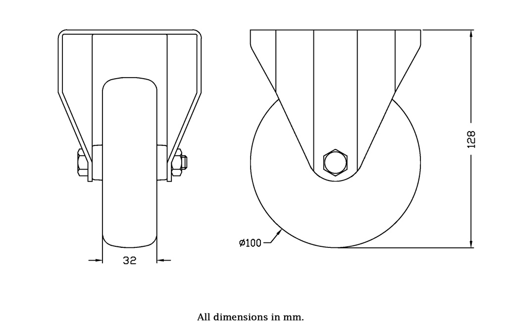 300SS series 100mm stainless steel fixed top plate 100x85mm castor with electrically conductive grey TPR-rubber on polypropylene centre plain bearing wheel 70kg - Castor dimensions