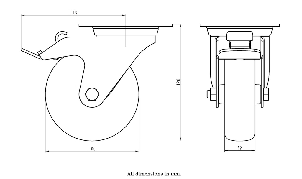 300SS series 100mm stainless steel swivel/brake top plate 100x85mm castor with electrically conductive grey TPR-rubber on polypropylene centre plain bearing wheel 70kg - Castor dimensions
