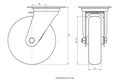 300SS series 125mm stainless steel swivel top plate 100x85mm castor with electrically conductive grey TPR-rubber on polypropylene centre plain bearing wheel 80kg - Castor dimensions