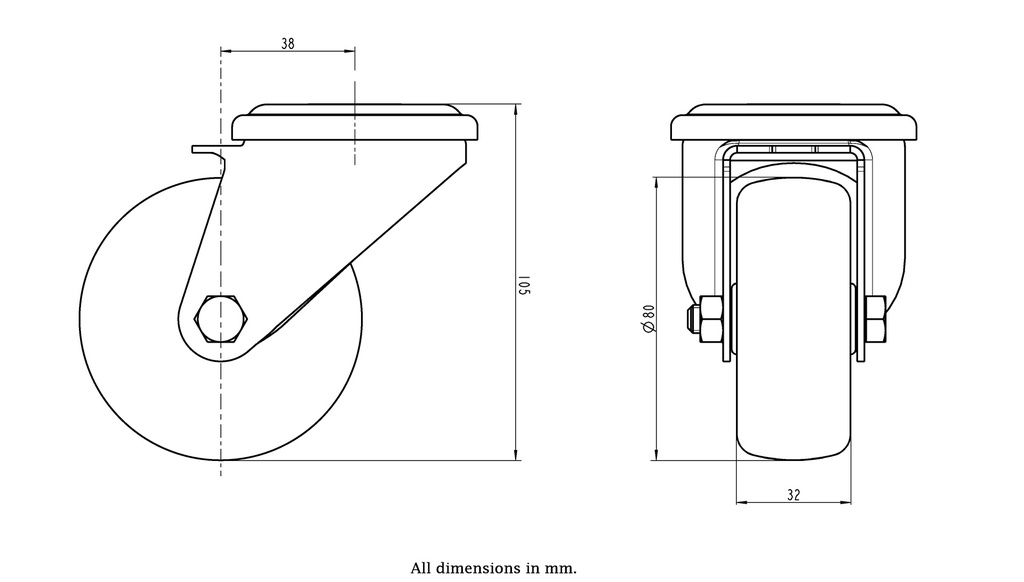 300SS series 80mm stainless steel swivel bolt hole 13mm castor with electrically conductive grey TPR-rubber on polypropylene centre plain bearing wheel 65kg - Castor dimensions