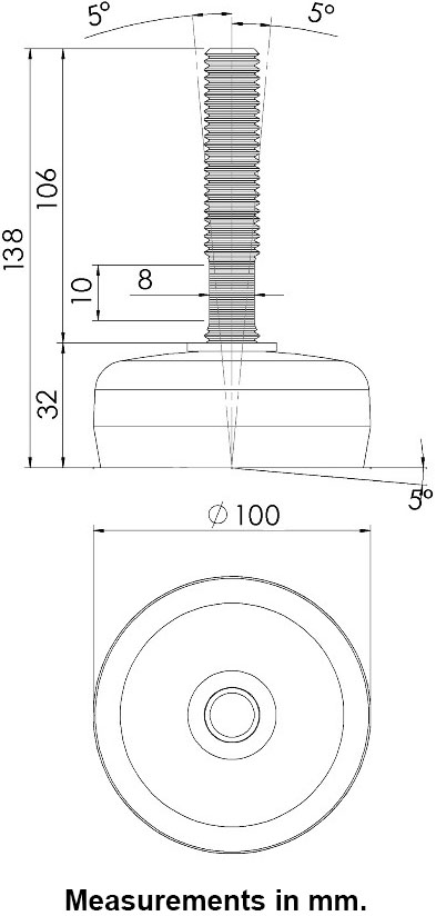 M12x100 Stainless levelling foot 105mm stainless base with anti-vibration rubber pad 1200kg AISI 304/A2 - Dimensions