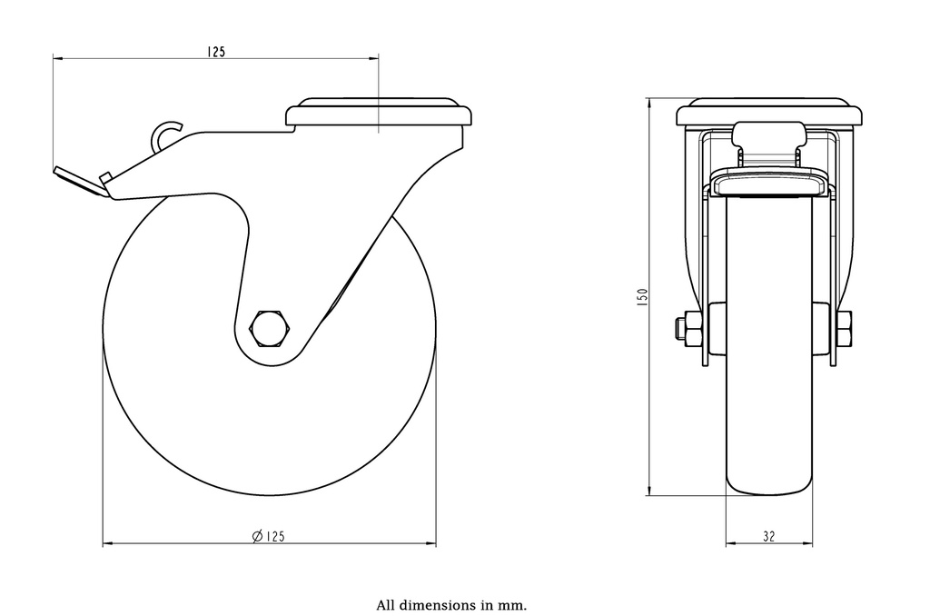 300SS series 125mm stainless steel swivel/brake bolt hole 13mm castor with electrically conductive grey TPR-rubber on polypropylene centre plain bearing wheel 80kg - Castor dimensions