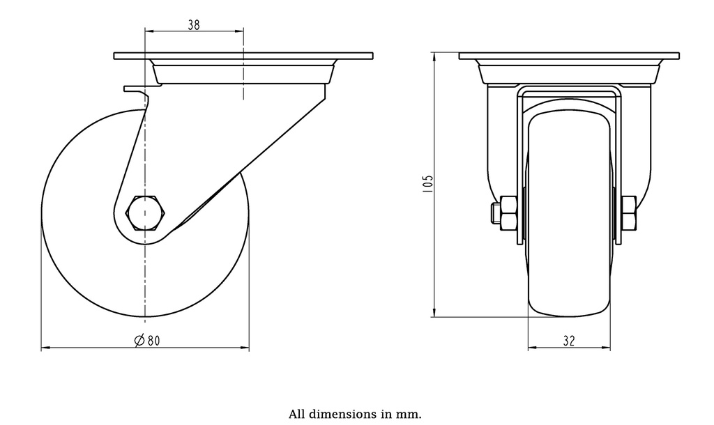 300SS series 80mm stainless steel swivel top plate 100x85mm castor with electrically conductive grey polyurethane on nylon centre additional sealed single ball bearing wheel 100kg - Castor dimensions