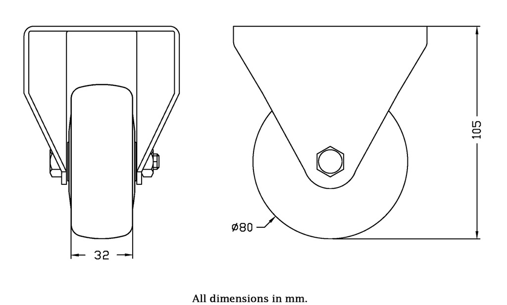 300SS series 80mm stainless steel fixed top plate 100x85mm castor with electrically conductive grey polyurethane on nylon centre additional sealed single ball bearing wheel 100kg - Castor dimensions