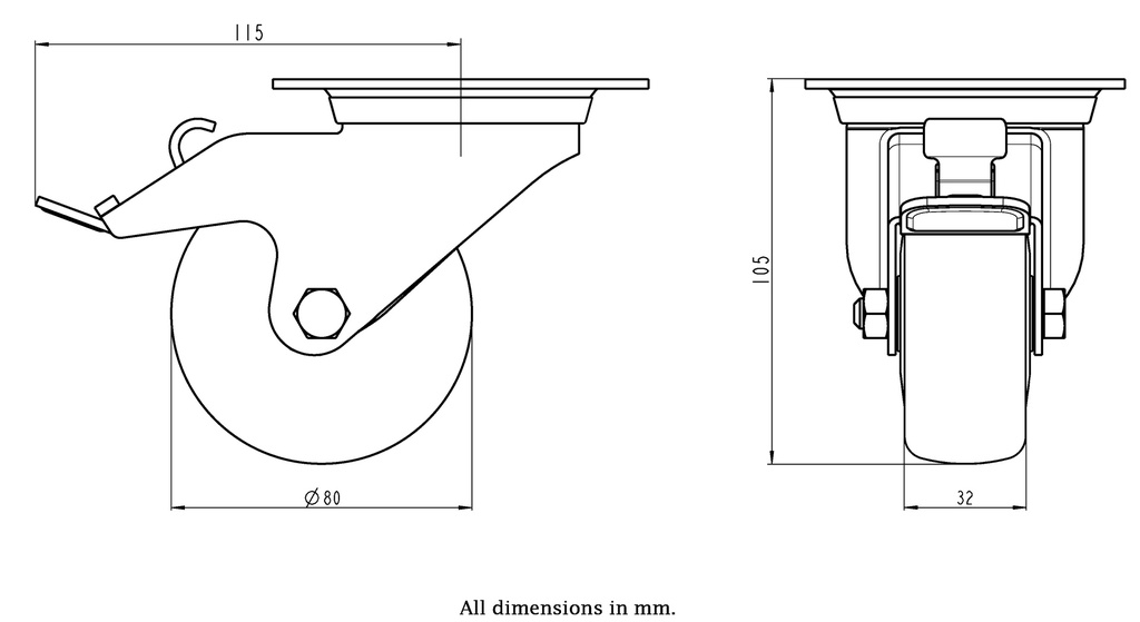 300SS series 80mm stainless steel swivel/brake top plate 100x85mm castor with electrically conductive grey polyurethane on nylon centre additional sealed single ball bearing wheel 100kg - Castor dimensions