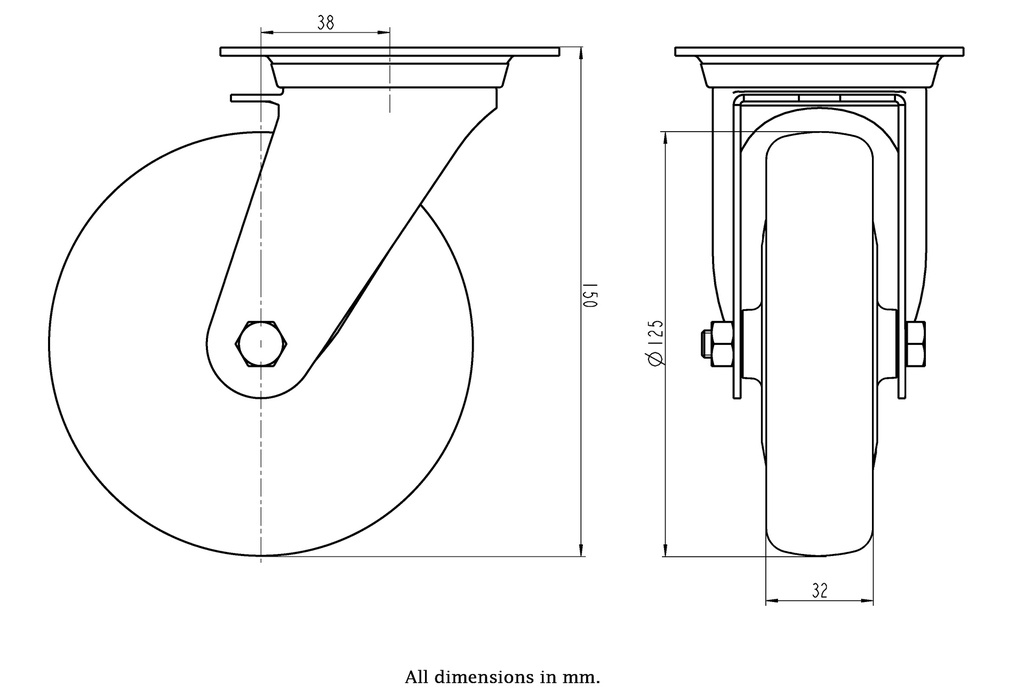300SS series 125mm stainless steel swivel top plate 100x85mm castor with electrically conductive grey polyurethane on nylon centre additional sealed single ball bearing wheel 150kg - Castor dimensions
