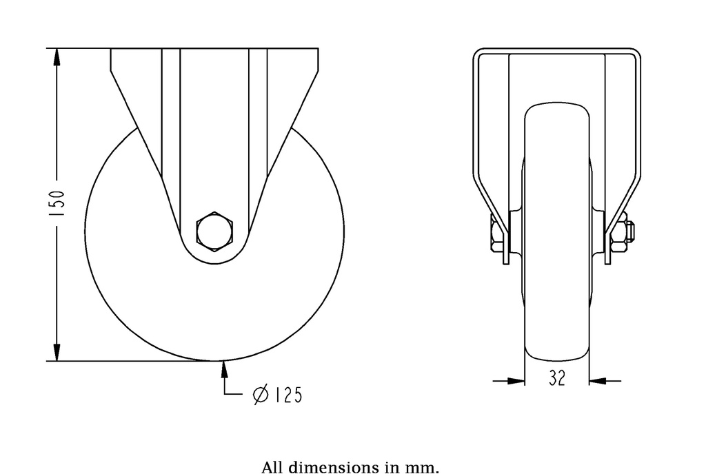 300SS series 125mm stainless steel fixed top plate 100x85mm castor with electrically conductive grey polyurethane on nylon centre additional sealed single ball bearing wheel 150kg - Castor dimensions