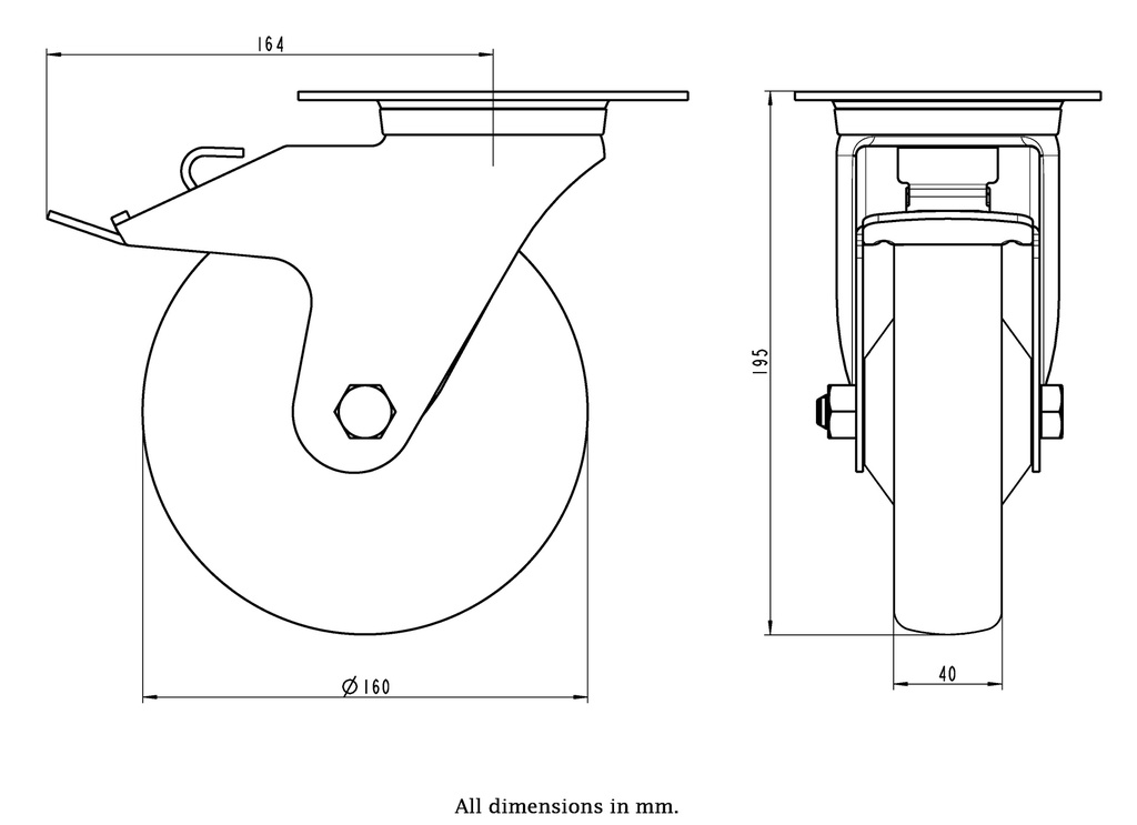 300SS series 160mm stainless steel swivel/brake top plate 140x110mm castor with electrically conductive grey polyurethane on nylon centre additional sealed single ball bearing wheel 260kg - Castor dimensions