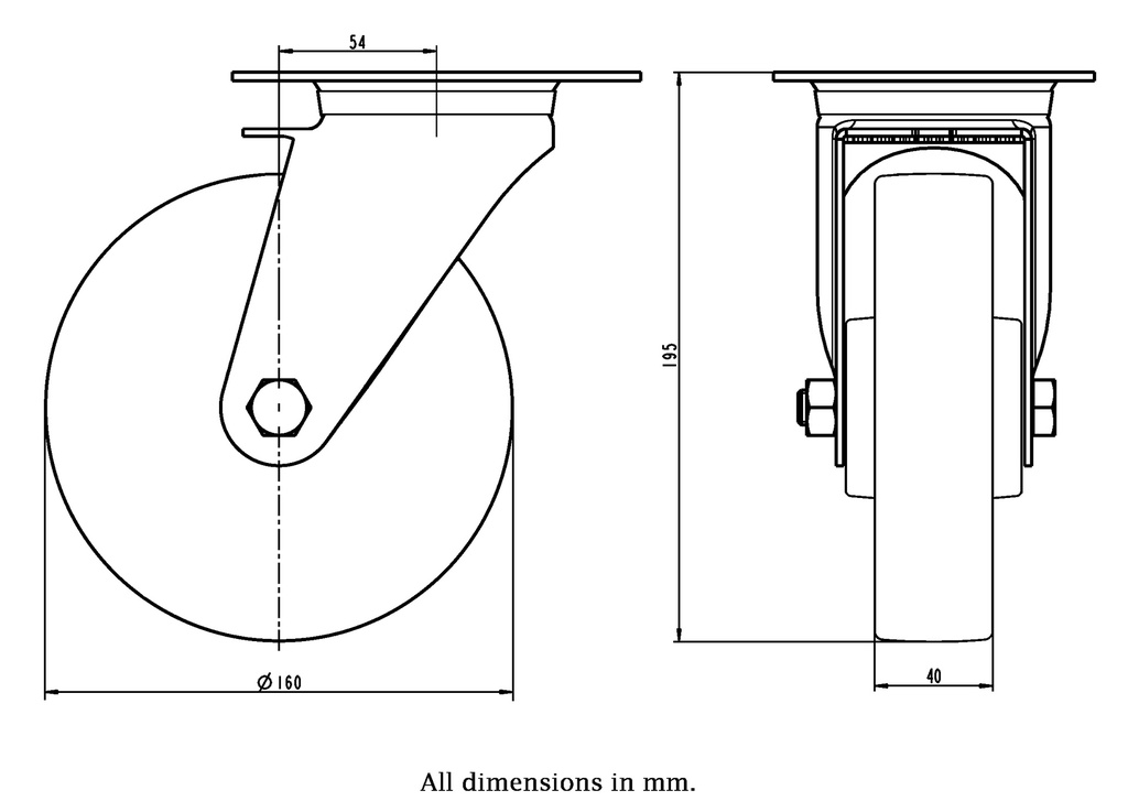 300SS series 160mm stainless steel swivel top plate 140x110mm castor with electrically conductive grey polyurethane on nylon centre stainless steel ball bearing wheel 300kg - Castor dimensions