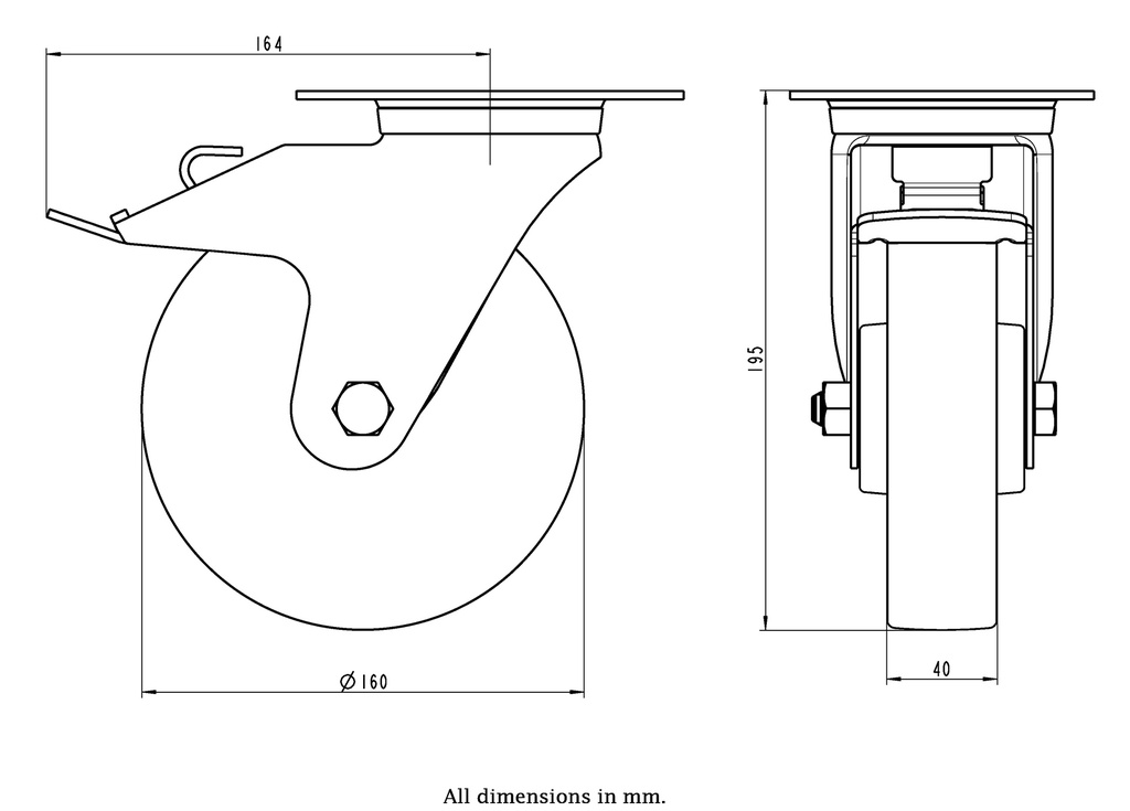 300SS series 160mm stainless steel swivel/brake top plate 140x110mm castor with electrically conductive grey polyurethane on nylon centre stainless steel ball bearing wheel 300kg - Castor dimensions