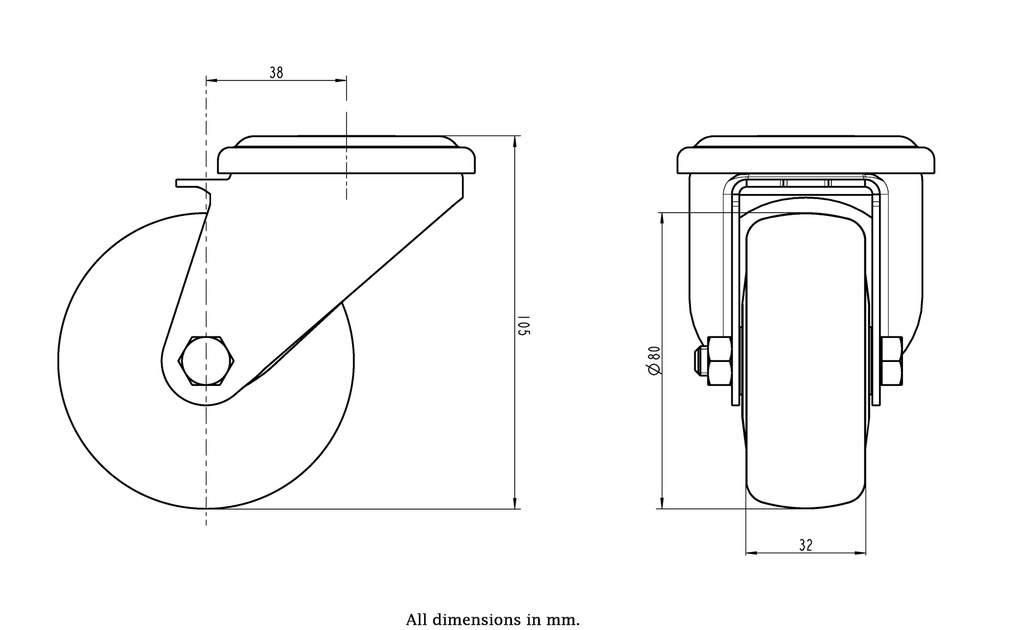 300SS series 80mm stainless steel swivel bolt hole 12mm castor with electrically conductive grey polyurethane on nylon centre additional sealed single ball bearing wheel 100kg - Castor dimensions