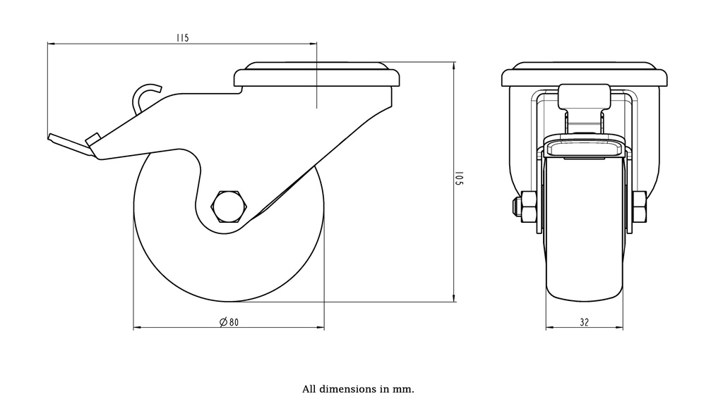 300SS series 80mm stainless steel swivel/brake bolt hole 12mm castor with electrically conductive grey polyurethane on nylon centre additional sealed single ball bearing wheel 100kg - Castor dimensions