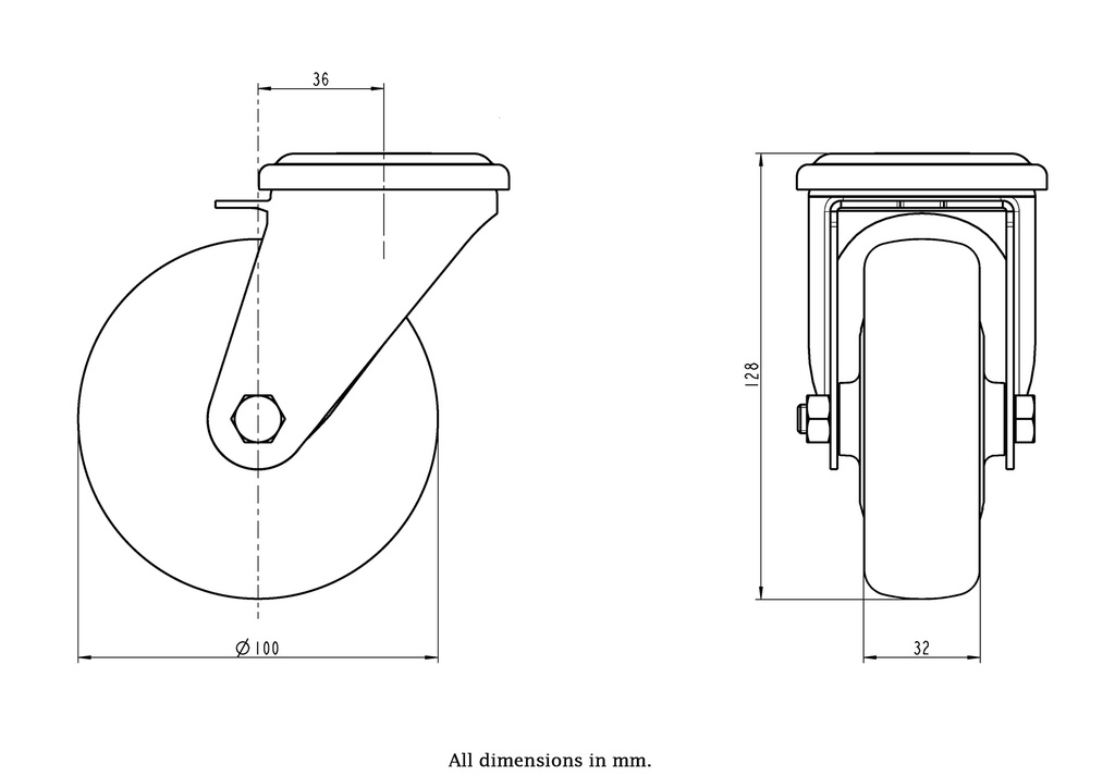 300SS series 100mm stainless steel swivel bolt hole 12mm castor with electrically conductive grey polyurethane on nylon centre additional sealed single ball bearing wheel 130kg - Castor dimensions