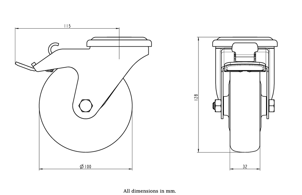 300SS series 100mm stainless steel swivel/brake bolt hole 12mm castor with electrically conductive grey polyurethane on nylon centre additional sealed single ball bearing wheel 130kg - Castor dimensions