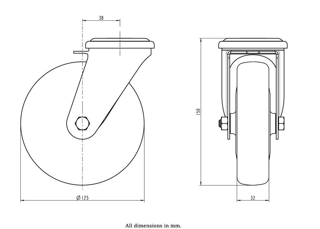 300SS series 125mm stainless steel swivel bolt hole 12mm castor with electrically conductive grey polyurethane on nylon centre additional sealed single ball bearing wheel 150kg - Castor dimensions