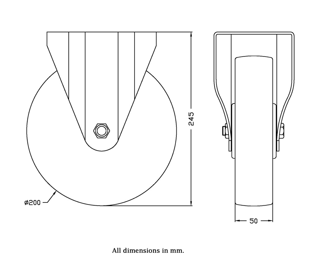 800SS series 200mm stainless steel fixed top plate 140x110mm castor with electrically conductive grey polyurethane on nylon centre stainless steel ball bearing wheel 520kg - Castor dimensions