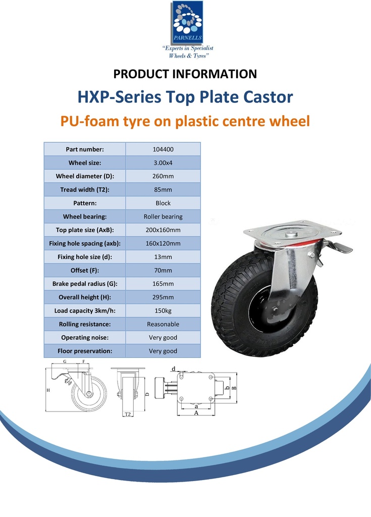 HXP series 3.00x4 swivel/brake top plate 200x160mm castor with black puncture proof block patterned PU-foam tyre on black plastic centre roller bearing wheel 150kg - Spec sheet