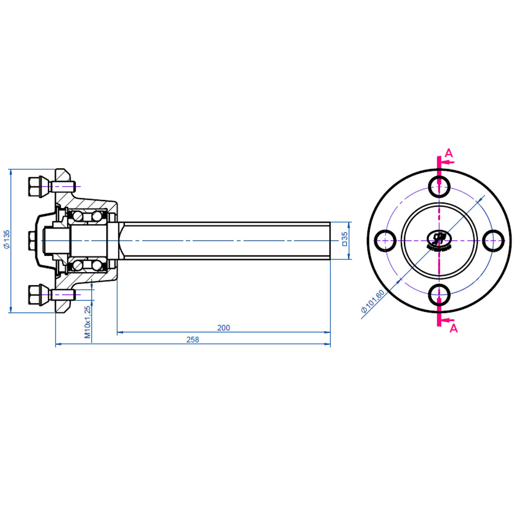 Hubs & Stubs Axle 4/100 M12 wheel bolts 35x35mm drawing with dimensions