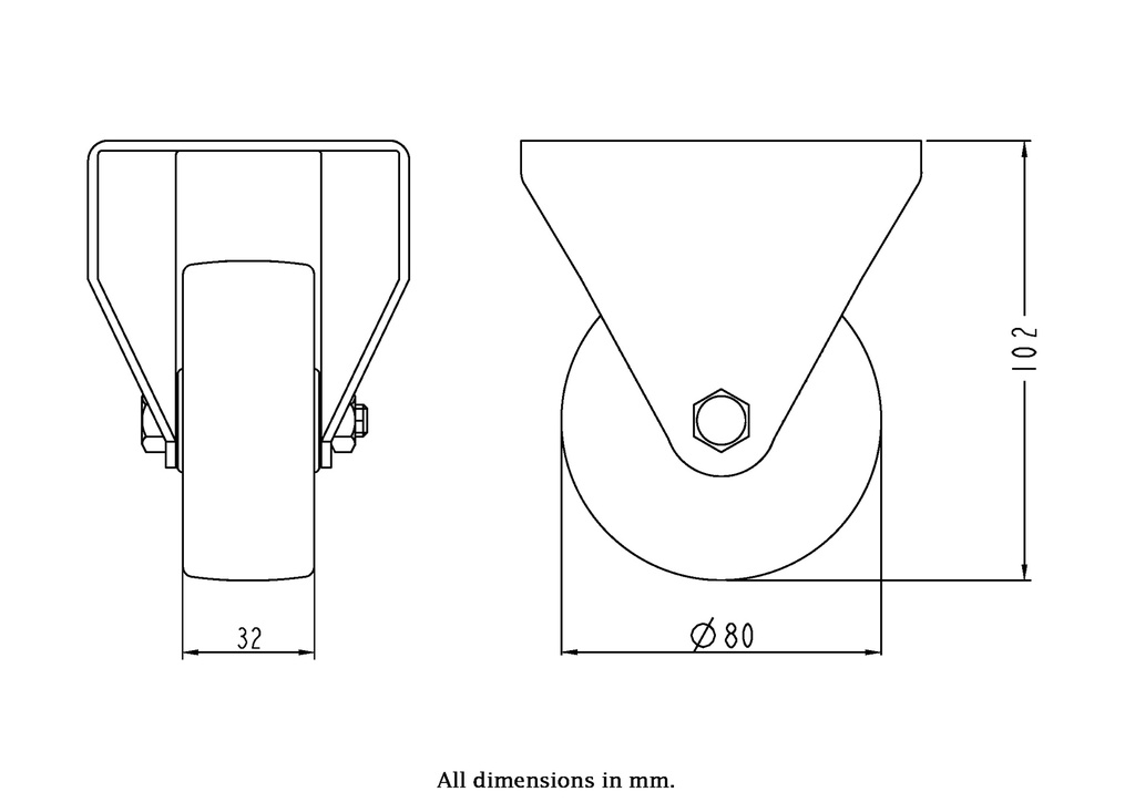 300HTSS series 80mm stainless steel fixed top plate 100x85mm castor with heat resistant thermoplastic plain bearing wheel 100kg - Castor dimensions