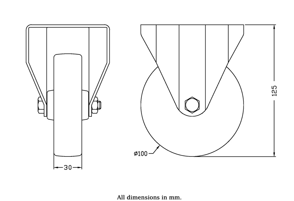 300HTSS series 100mm stainless steel fixed top plate 100x85mm castor with heat resistant thermoplastic plain bearing wheel 120kg - Castor dimensions