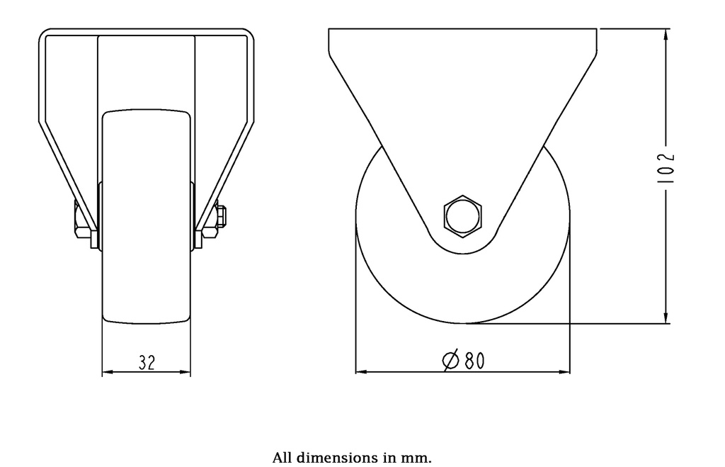 300HT series 80mm fixed top plate 100x85mm castor with heat resistant thermoplastic plain bearing wheel 100kg - Castor dimensions