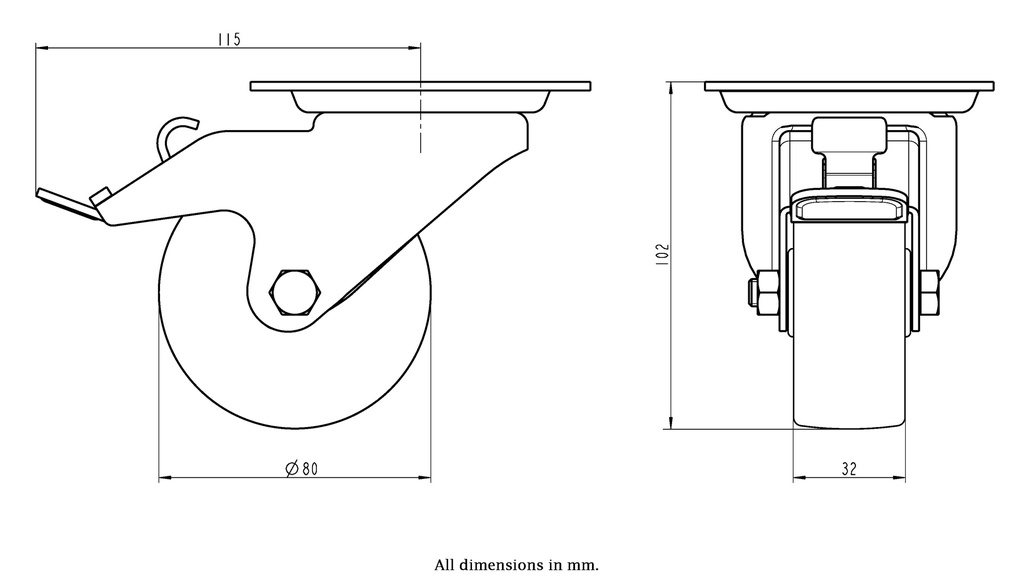 300HT series 80mm swivel/brake top plate 100x85mm castor with heat resistant thermoplastic plain bearing wheel 100kg - Castor dimensions
