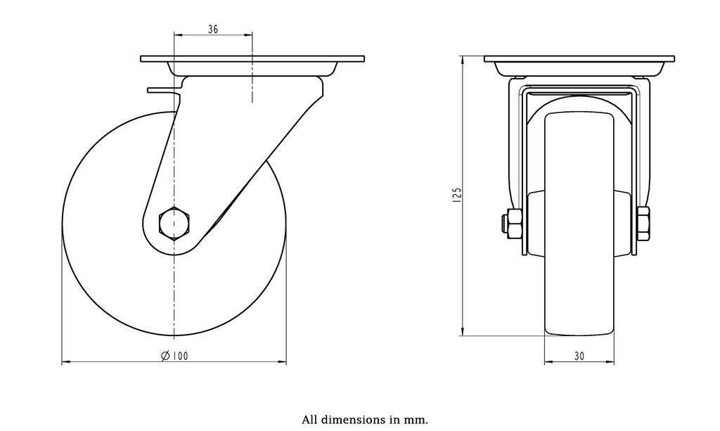 300HT series 100mm swivel top plate 100x85mm castor with heat resistant thermoplastic plain bearing wheel 120kg - Castor dimensions