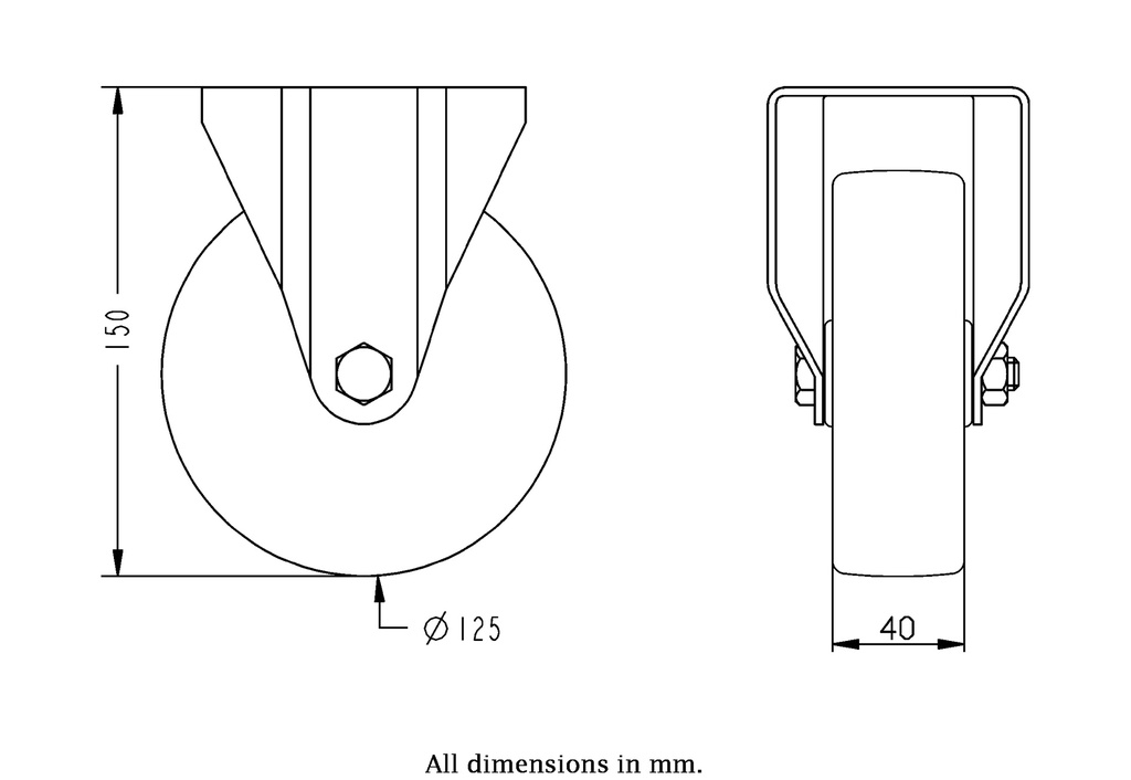 300HT series 125mm fixed top plate 100x85mm castor with heat resistant thermoplastic plain bearing wheel 150kg - Castor dimensions