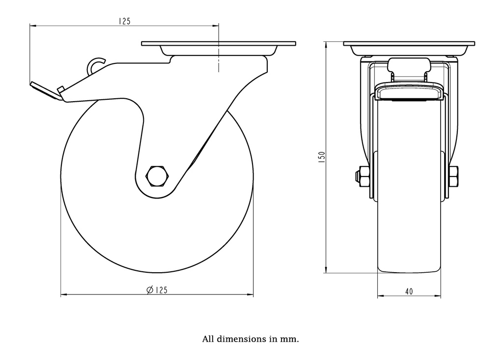300HT series 125mm swivel/brake top plate 100x85mm castor with heat resistant thermoplastic plain bearing wheel 150kg - Castor dimensions
