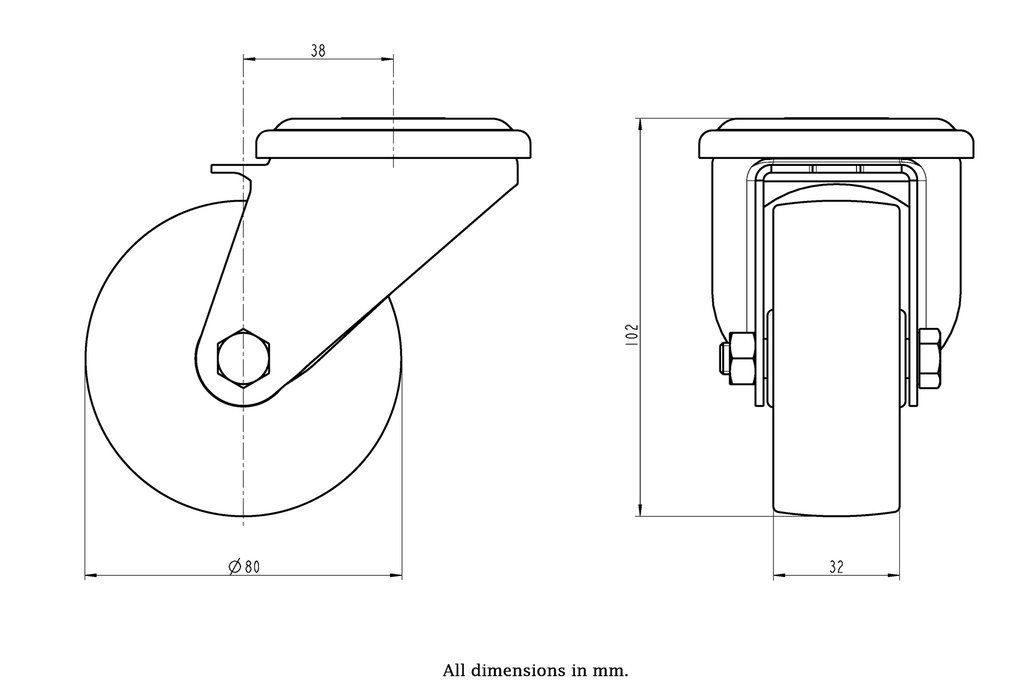 300HT series 80mm swivel bolt hole 13mm castor with heat resistant thermoplastic plain bearing wheel 100kg - Castor dimensions