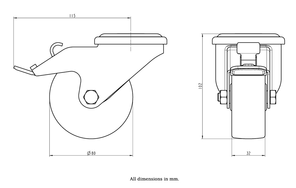 300HT series 80mm swivel/brake bolt hole 13mm castor with heat resistant thermoplastic plain bearing wheel 100kg - Castor dimensions