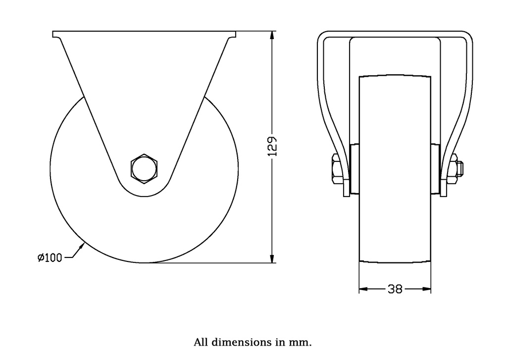 322 series 100mm fixed top plate 105x88mm castor with cast iron plain bearing wheel 250kg - Castor dimensions