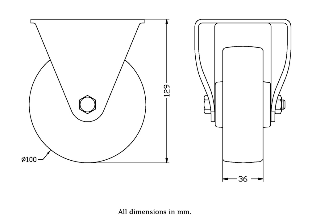 322 series 100mm fixed top plate 105x88mm castor with polyurethane on nylon centre roller bearing wheel 200kg - Castor dimensions