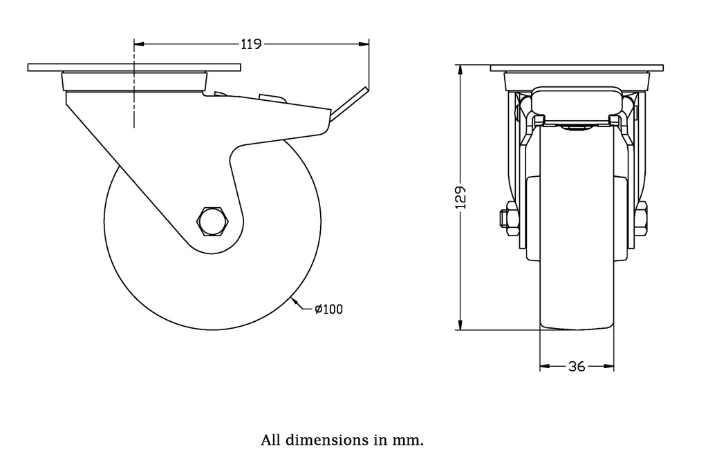 322 series 100mm swivel/brake top plate 106x86mm castor with polyurethane on nylon centre roller bearing wheel 200kg - Castor dimensions