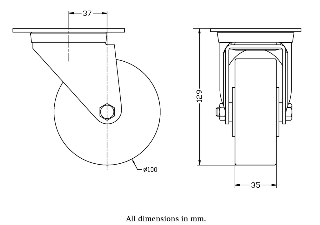322 series 100mm swivel top plate 106x86mm castor with polyurethane on cast iron centre ball bearing wheel 250kg - Castor dimensions