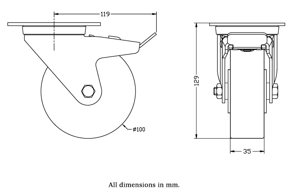 322 series 100mm swivel/brake top plate 106x86mm castor with polyurethane on cast iron centre ball bearing wheel 250kg - Castor dimensions