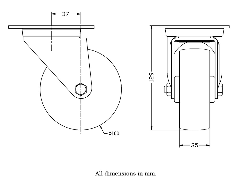 322 series 100mm swivel top plate 106x86mm castor with nylon plain bearing wheel 250kg - Castor dimensions