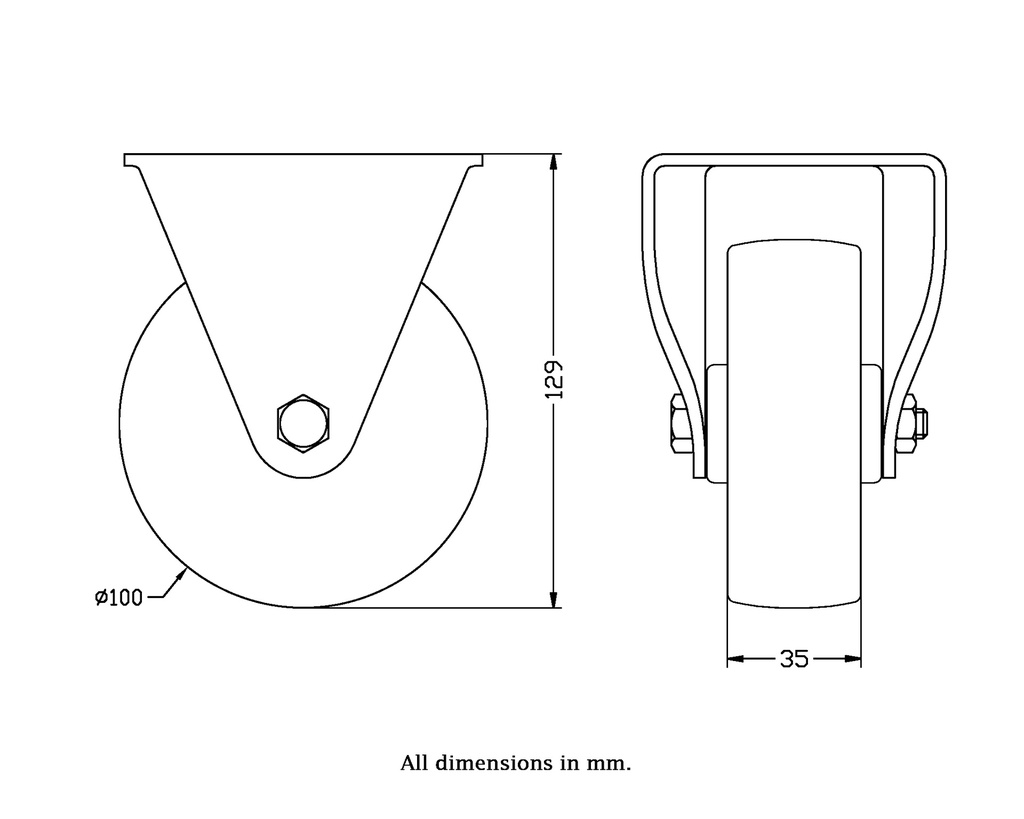 322 series 100mm fixed top plate 105x88mm castor with nylon plain bearing wheel 250kg - Castor dimensions