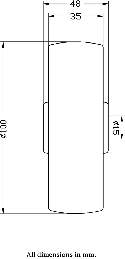 Wheel series 100mm nylon 15mm bore hub length 48mm plain bearing 250kg - Wheel dimensions