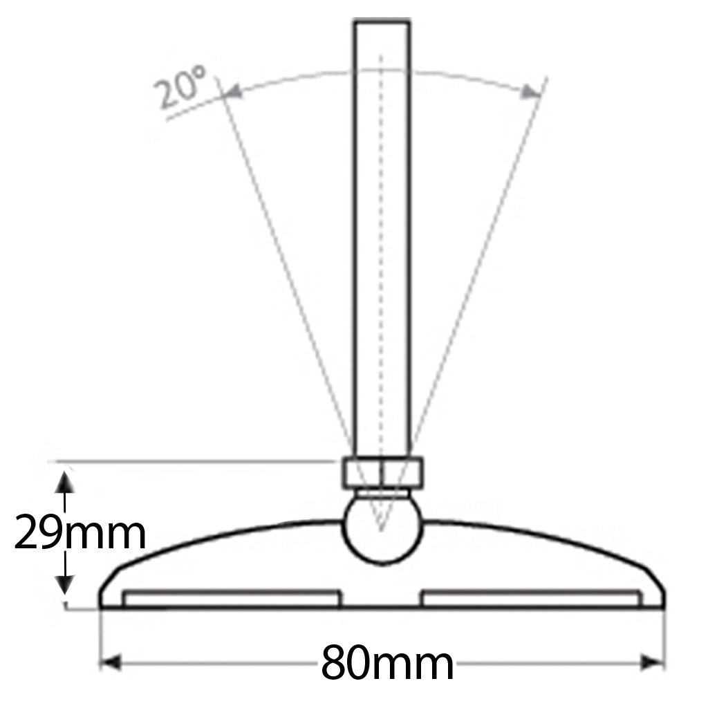 M20x200 Zinc plated levelling foot 80mm plastic base 900kg Drawing with Dimensions
