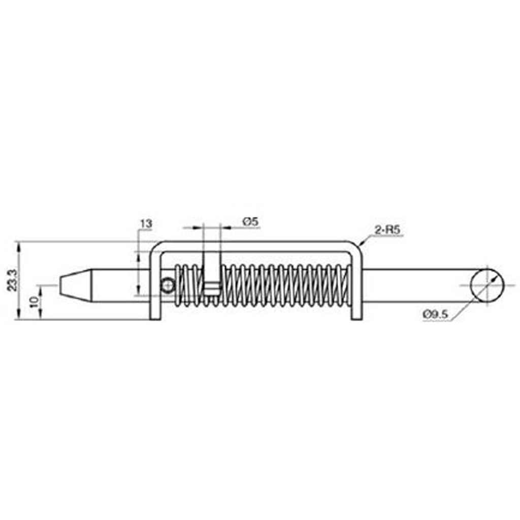 10mm Spring bolt - Zinc Drawing with Dimensions Side View