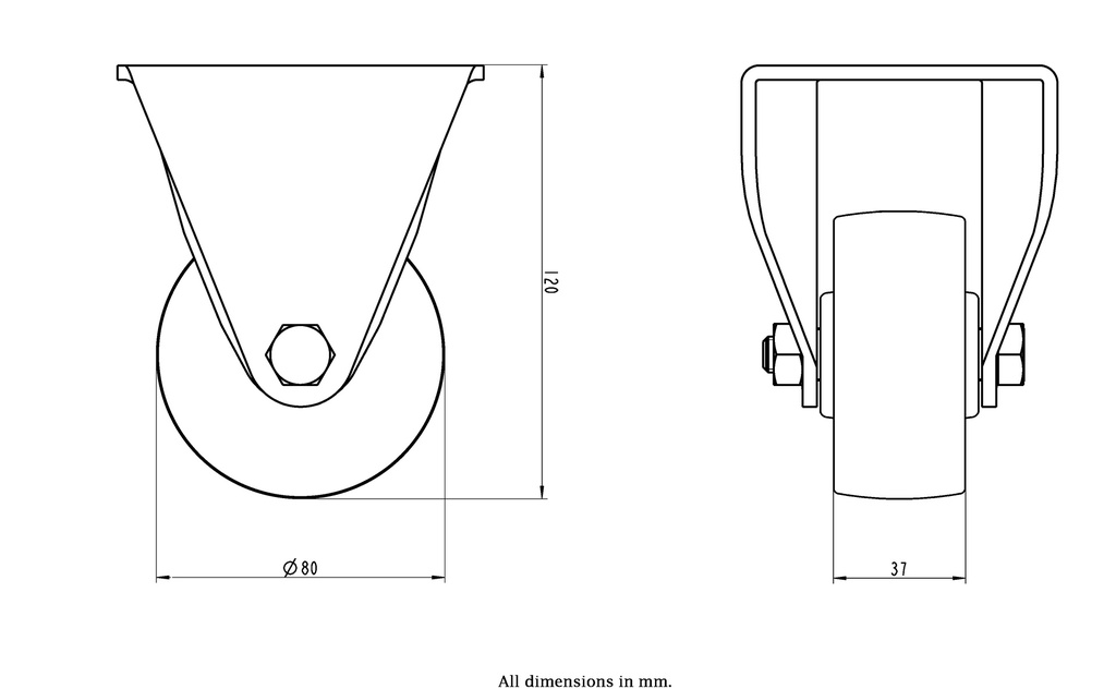 LH series 80mm fixed top plate 100x85mm castor with nylon plain bearing wheel 350kg - Castor dimensions