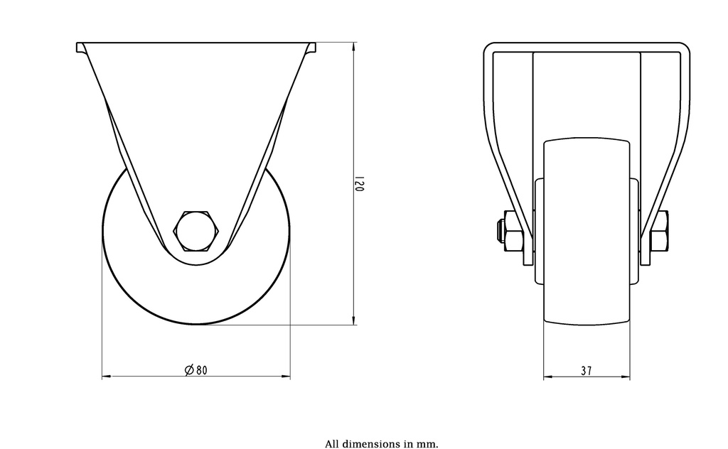 LH series 80mm fixed top plate 100x85mm castor with nylon ball bearing wheel 350kg - Castor dimensions
