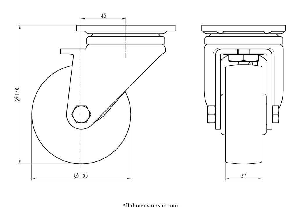 LH series 100mm swivel top plate 100x85mm castor with nylon plain bearing wheel 500kg - Castor dimensions