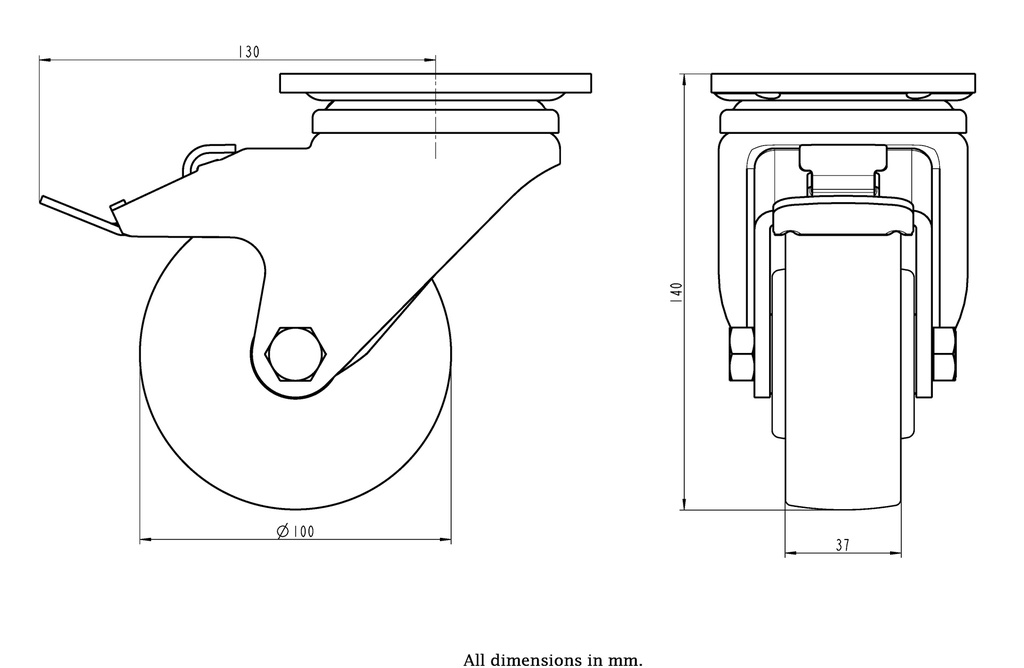 LH series 100mm swivel/brake top plate 100x85mm castor with nylon ball bearing wheel 500kg - Castor dimensions