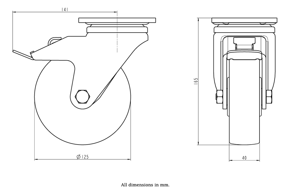 LH series 125mm swivel/brake top plate 100x85mm castor with nylon plain bearing wheel 700kg - Castor dimensions