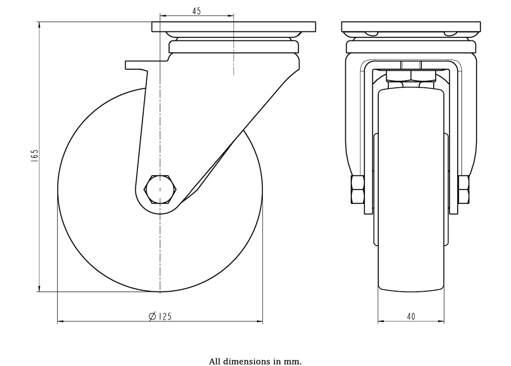 LH series 125mm swivel top plate 100x85mm castor with nylon ball bearing wheel 700kg - Castor dimensions